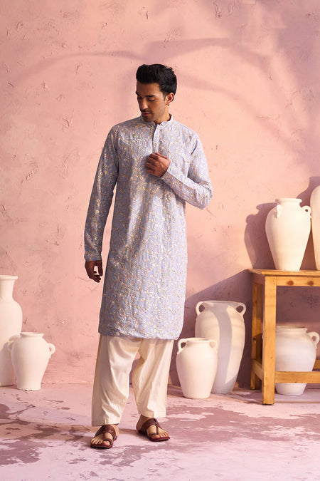 SHRESTHA By VASTRAMAY Men's Sky Blue Georgette Floral Motif Embroidered Kurta Patiala Set